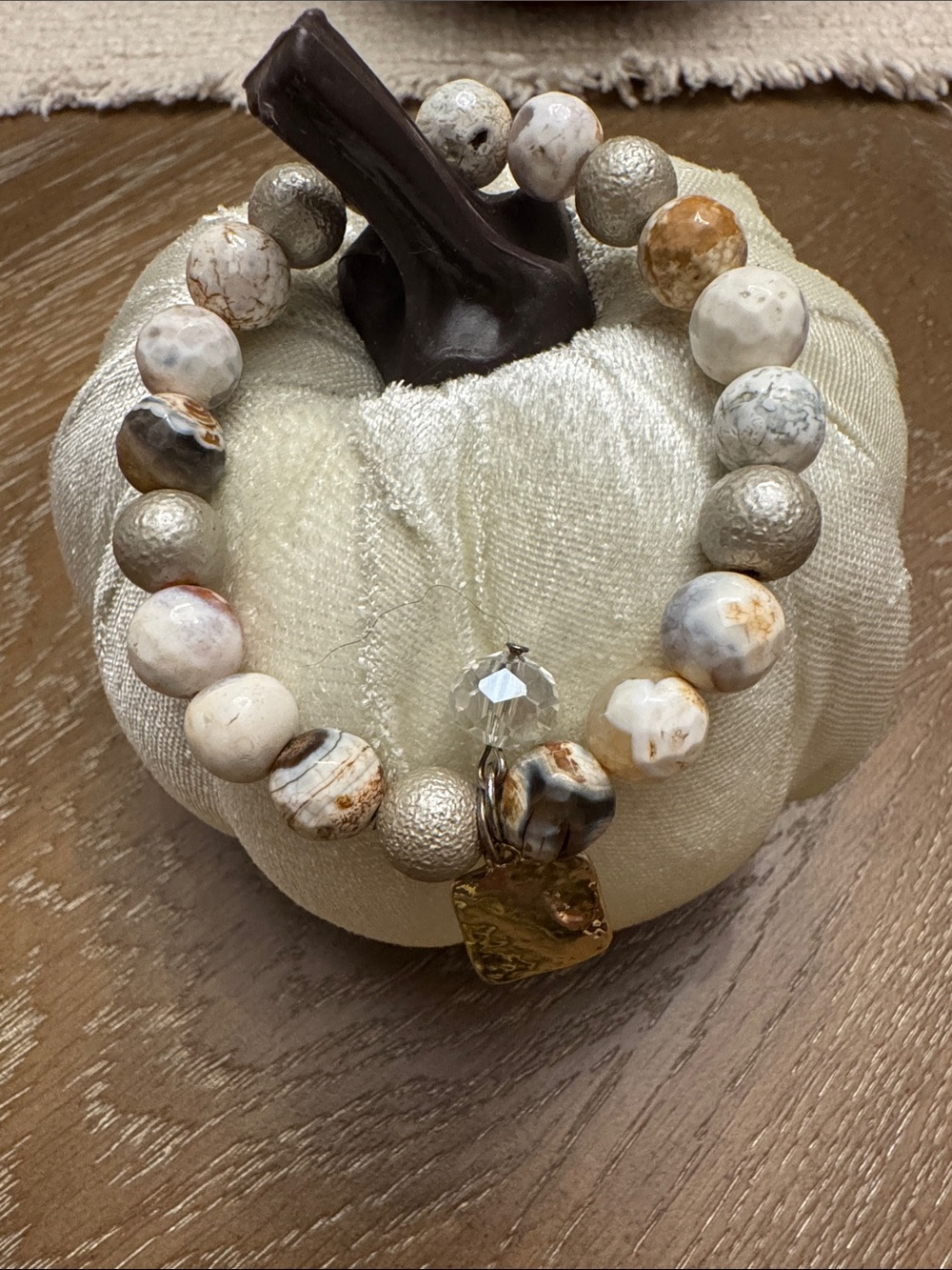 Neutral Toned Beads & Gold Charm Stretch Bracelet - Like New!
